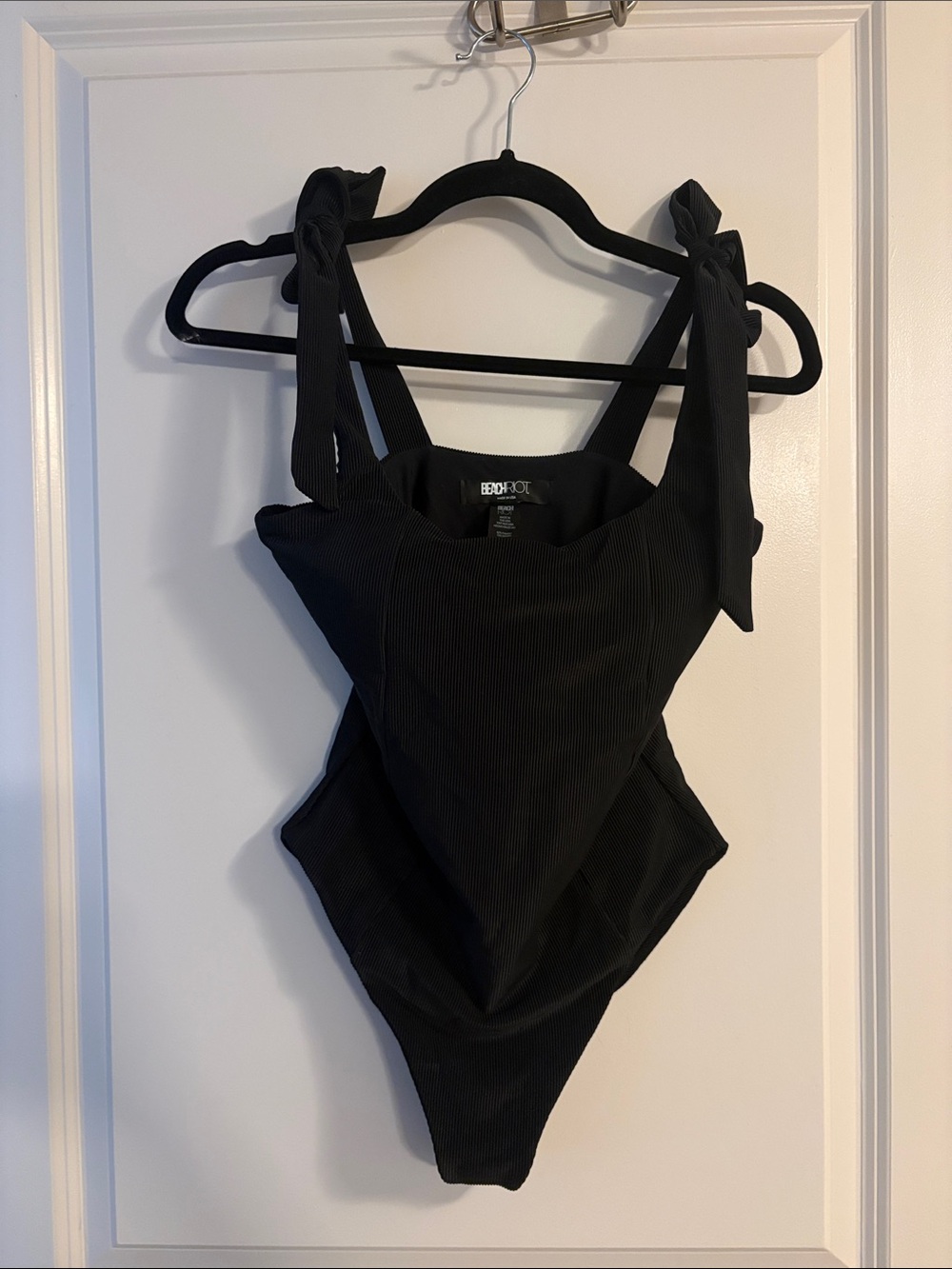 Beach Riot Black Ribbed Tie-Shoulder One-Piece Swimsuit with Bow Straps